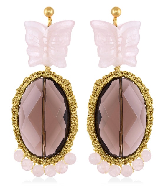Iphigenia Butterfly (iph03) Smoky quartz, pink quartz, gold plated ear studs with silver base (925) with butterfly closure and gold thread.