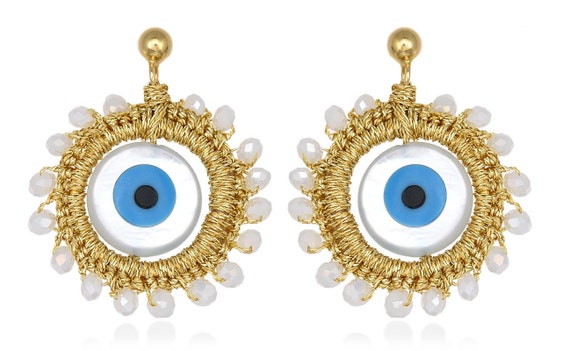 Callisti earrings (cal03) Evil eye, white crystal beads, gold plated earstuds with silver base (925) butterfly closure and gold thread.