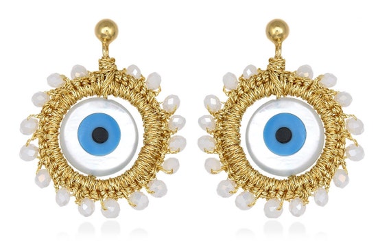 Callisti earrings (cal03) Evil eye, white crystal beads, gold plated earstuds with silver base (925) butterfly closure and gold thread.