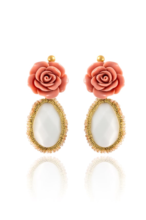 Rose Pink Earrings (rosp01) Polymer clay rose, white onyx, jade beads 2mm, gold plated silver base hook (925) and gold thread.