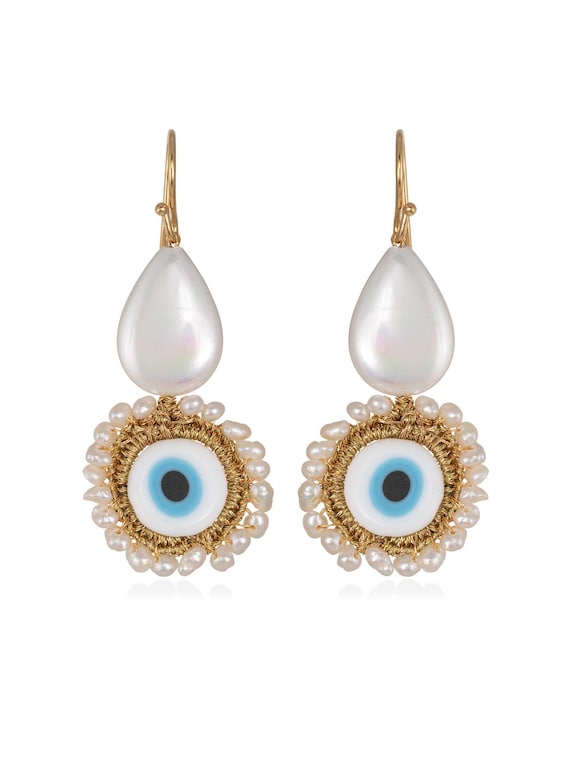 Callisti earrings (cal01) Mother of pearls, glass evil eye, freshwater pearls, gold plated silver base (925) hook and gold thread.
