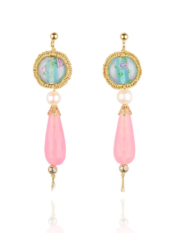 Alcmene Pink Teardrop(alc02) Pink jade,freshwater pearls, murano, gold plated ear studs with silver base(925),butterfly closure,gold thread.