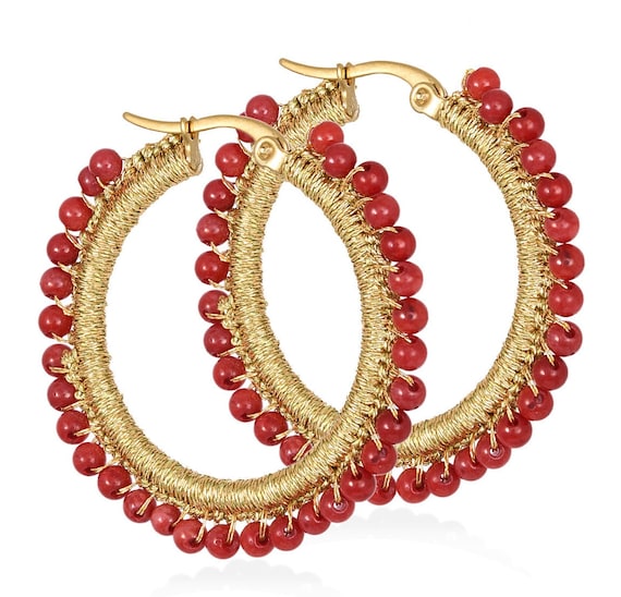 Aenaos Hoops Turquoise (aenh305) Steel hoops, coral beads and gold thread.