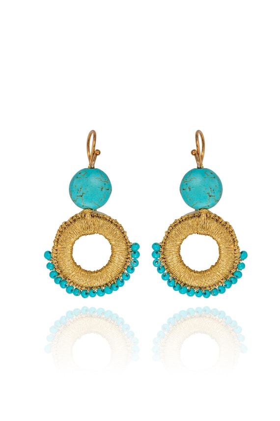 Chloe earrings (chl04)  Gold plated silver base (925) hook, howlite, round turquoise howlite beads and gold thread.