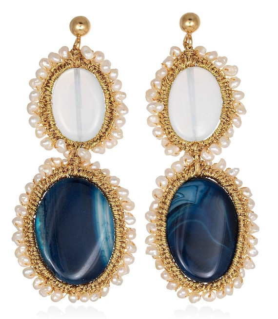 Iphigenia earrings (iph01) Blue agate, opal white moonstone, freshwater pearls, gold plated ear studs with silver base and gold thread.