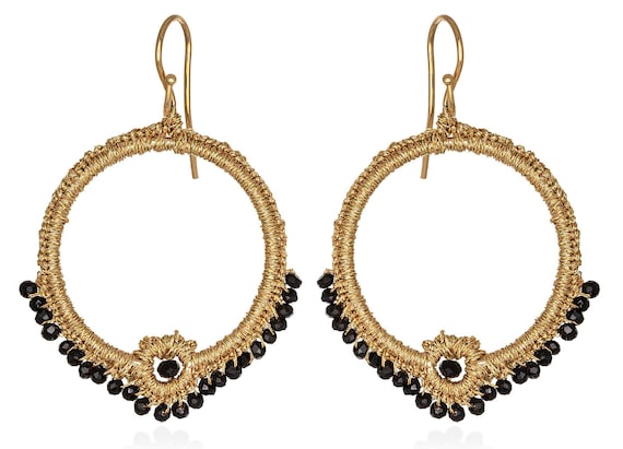 Aenaos Earrings (aenpl03) Handcrafted earrings! Gold thread, faceted round black beads gold plated silver base hook (925)