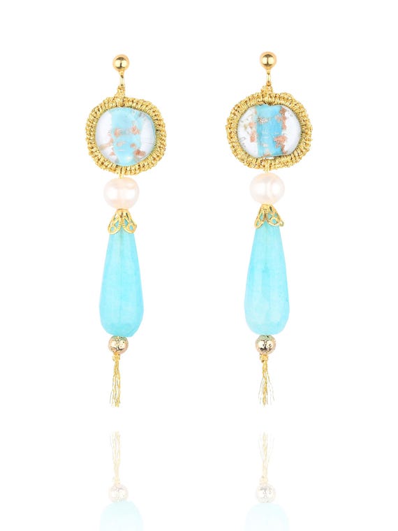 Alcmene Aquamarine Teardrop(alc04)Jade,freshwater pearls, murano, gold plated ear studs with silver base(925),butterfly closure,gold thread.