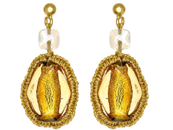 Sofia earrings (sof03) Murano glass, transparent crystal, gold plated ear studs with silver base (925) butterfly closure and gold thread.