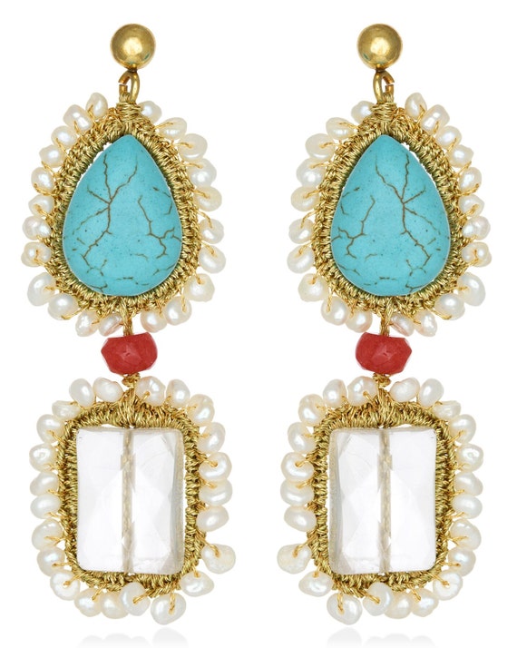 Penelope earrings (pene01) Turquoise, jade, pink quartz, freshwater pearls, gold plated ear studs with silver base (925) and gold thread.