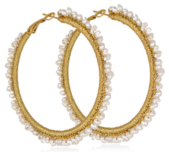 Aenaos Hoops earrings (aenh503) Steel hoops, freshwater pearls and gold thread.