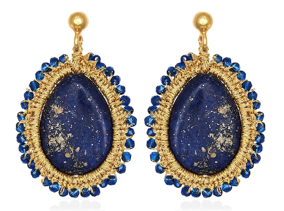 Sofia earrings (sof04) Faceted crystal blue beads, lapis lazuli in the shape of teardrop, plated ear studs with silver base and gold thread.