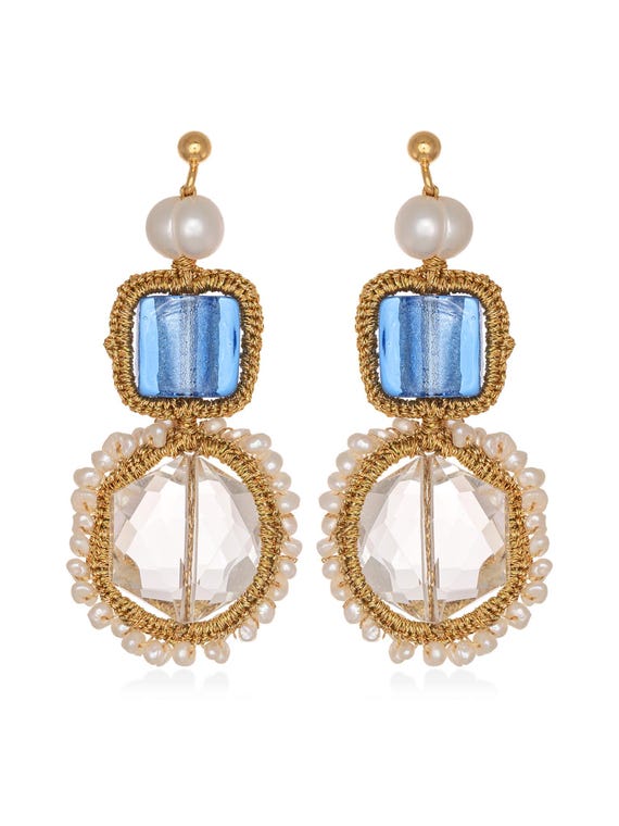 Ismene earrings (ism03) Murano glass, crystal, freshwater pearls, gold plated ear studs with silver base (925) and gold thread.