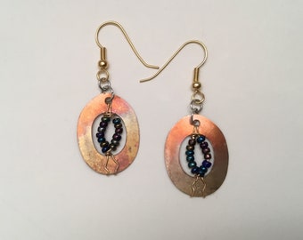 Copper Metal Earrings Flattened Hammered Hoops Heat Patina Orange with Beads Upcycled