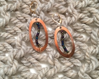 Copper Earrings Flattened Hammered Hoops Heat Patina Orange with Beads Upcycled