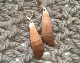 Copper Hand Flattened Penny Milled Rolled Pattern Designed Textured Metal Earrings
