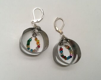 Metal Mill Rolled Earrings Flattened Hammered Hoops with Glass Beads Upcycled
