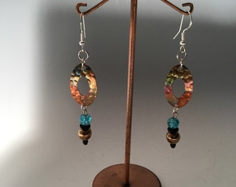 Hammered Copper Earrings Flattened Hoops Heat Patina Orange with Beads Upcycled