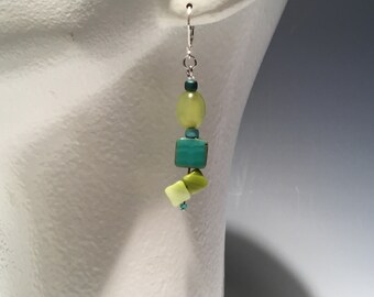Modern Design Beads recycled art Earrings Green Jasper Stone Czech Glass