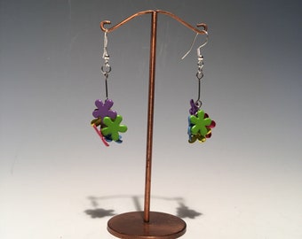 Flower Colored Upcycled Recycled Fastener Clasp Flowers Dangle Earrings