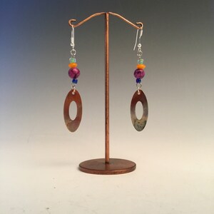 Copper Earrings Flattened Hammered Hoops Heat Patina Orange with Beads Upcycled