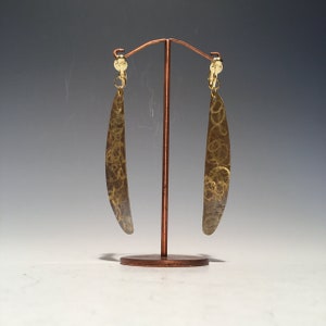 Clip on Brass Art Earrings with Etchings Long Petal Organic Shape