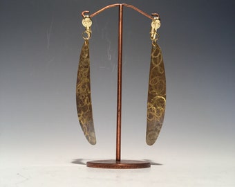 Clip on Brass Art Earrings with Etchings Long Petal Organic Shape
