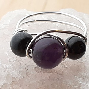 Amethyst and Black Tourmaline Wire Wrapped Ring | Empath Protection | Spiritual Protection  | Calming | Grounding