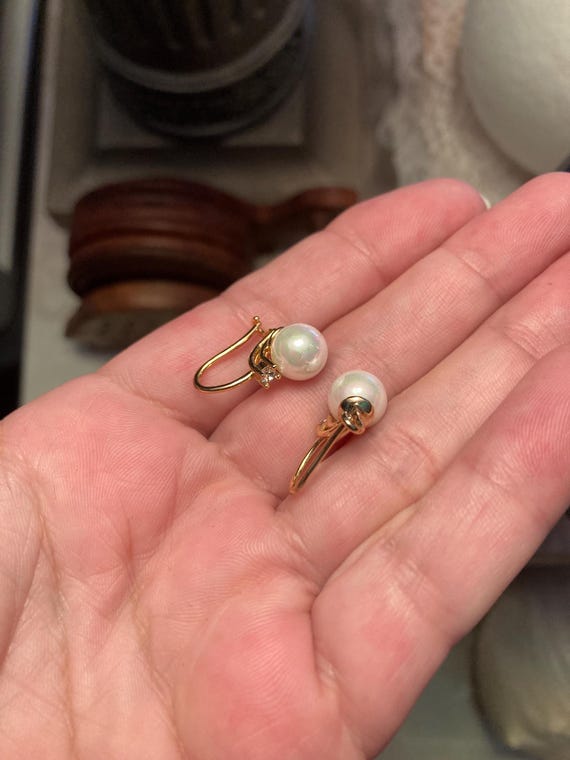 Pearl Dangle Earrings, Crystal Accent, Gold Loop - image 4