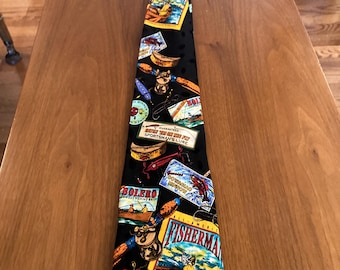 Vintage 100% Silk Fisherman Necktie: Fishing Lures, Reels, Boats