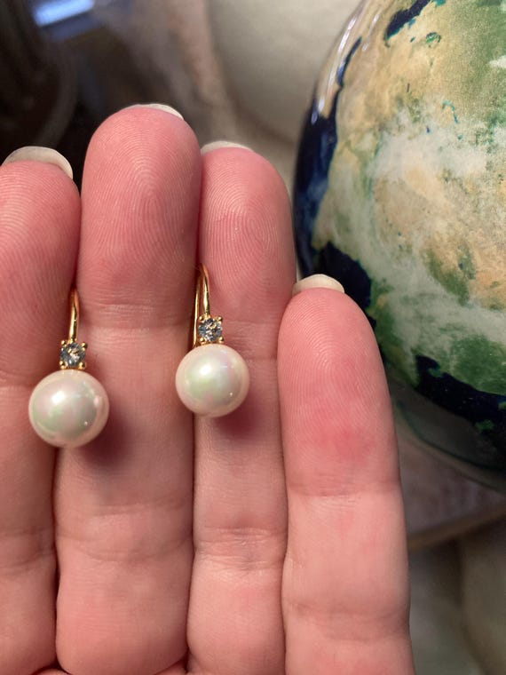 Pearl Dangle Earrings, Crystal Accent, Gold Loop - image 6