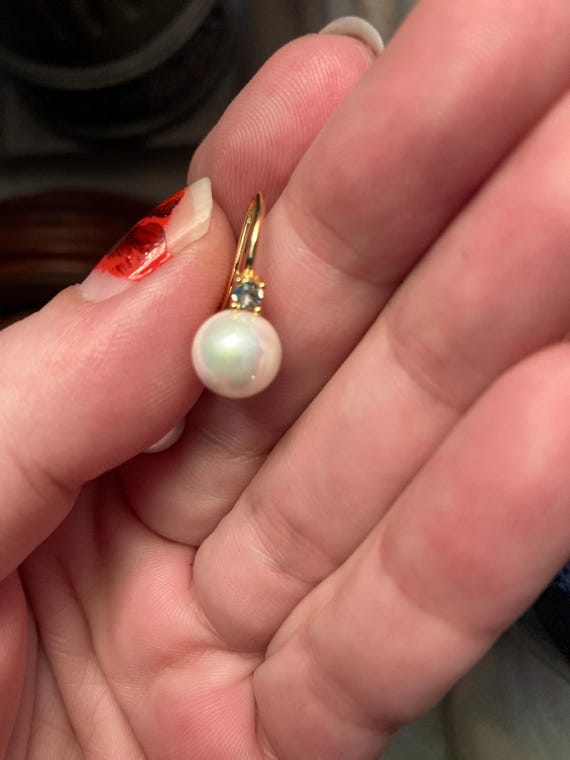 Pearl Dangle Earrings, Crystal Accent, Gold Loop - image 8