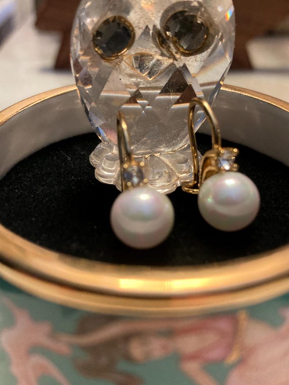 Pearl Dangle Earrings, Crystal Accent, Gold Loop - image 3