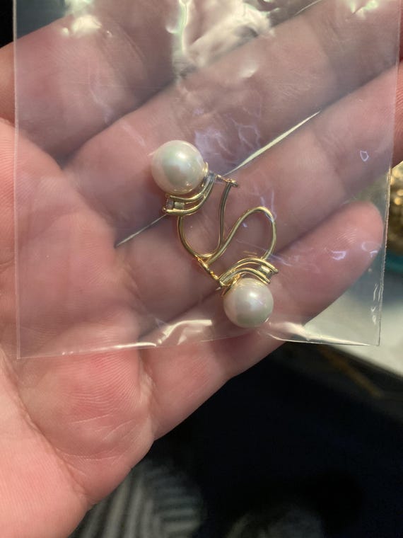 Pearl Dangle Earrings, Crystal Accent, Gold Loop - image 5