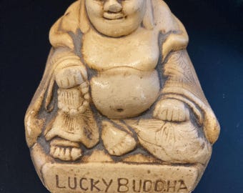 Vintage Lucky Buddha Figurine, Old Wise Statue, Dated Note Detail