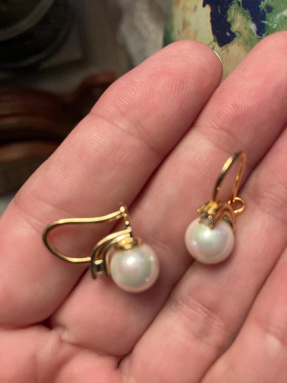 Pearl Dangle Earrings, Crystal Accent, Gold Loop - image 12