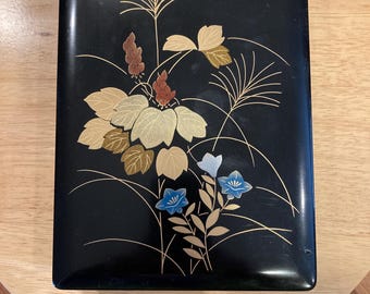 Vintage Black Lacquer Jewelry Box with Floral Inlay