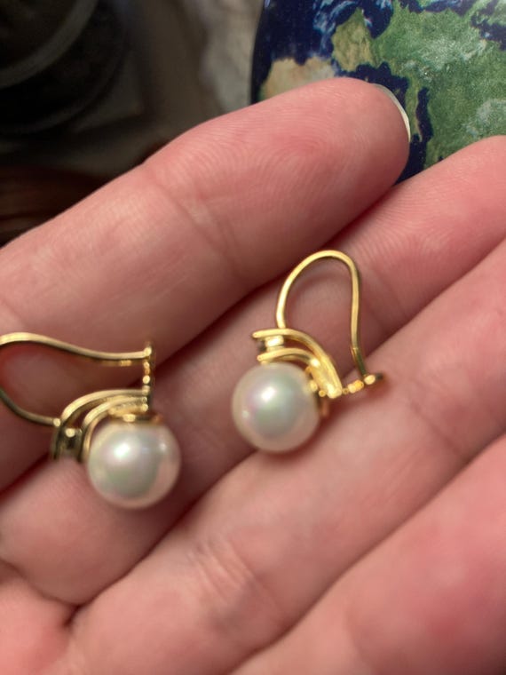 Pearl Dangle Earrings, Crystal Accent, Gold Loop - image 7