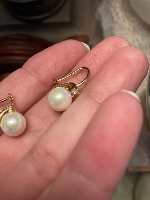 Pearl Dangle Earrings, Crystal Accent, Gold Loop - image 9