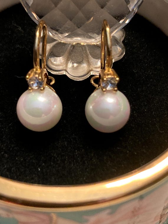 Pearl Dangle Earrings, Crystal Accent, Gold Loop - image 1