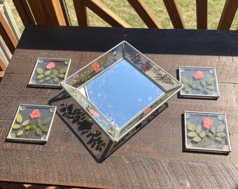 Dried flowers mirrored Tray and coasters Set