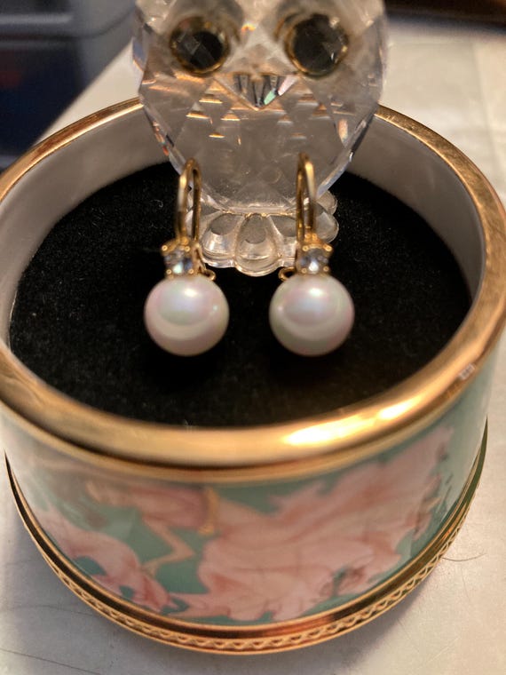 Pearl Dangle Earrings, Crystal Accent, Gold Loop - image 2