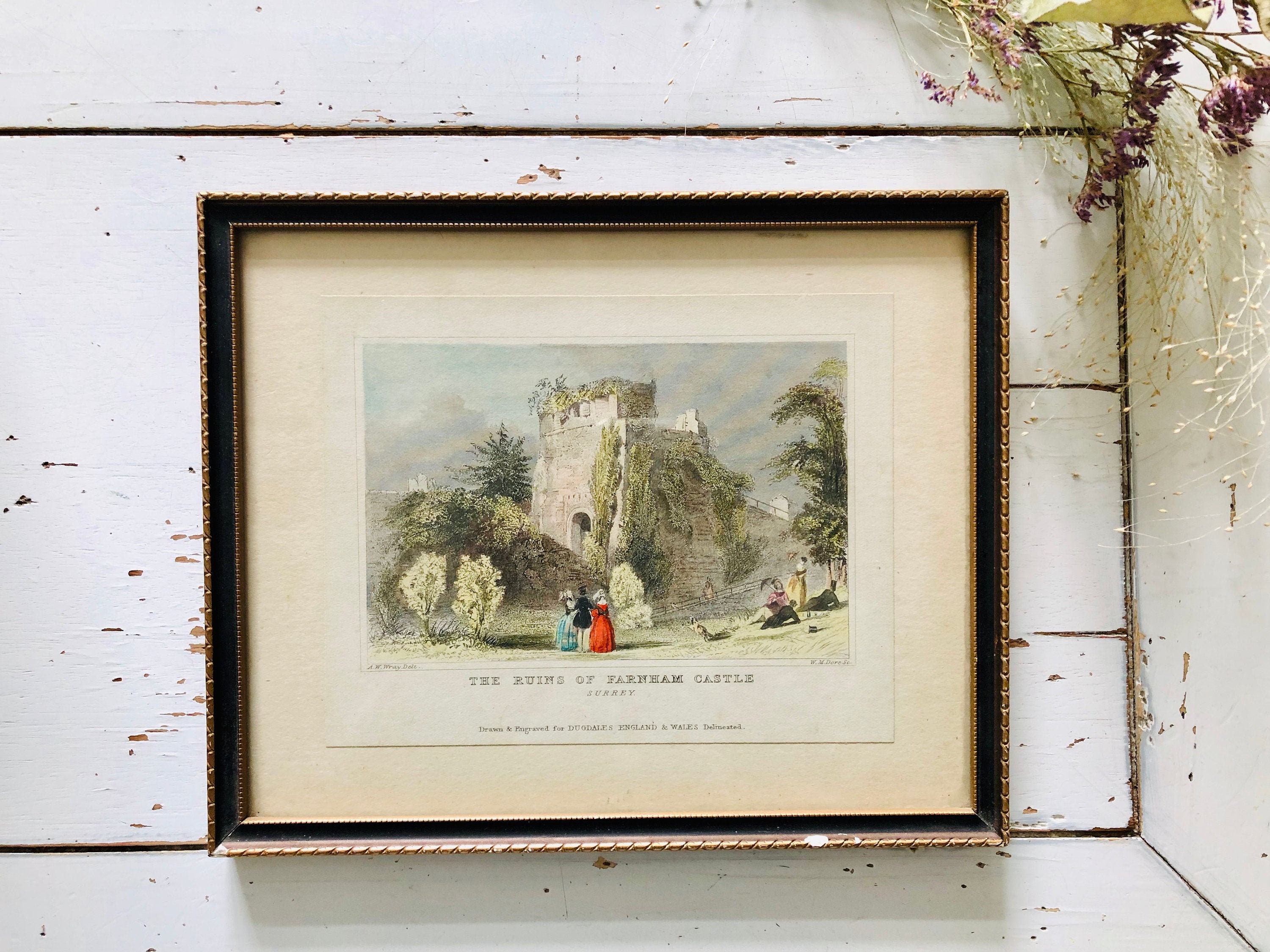 Magnifique Estampe Vintage Anglaise Des Ruines Du Château de Farnham | Surrey