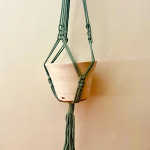 May include: A green macrame plant hanger with a white ceramic pot hanging from it.