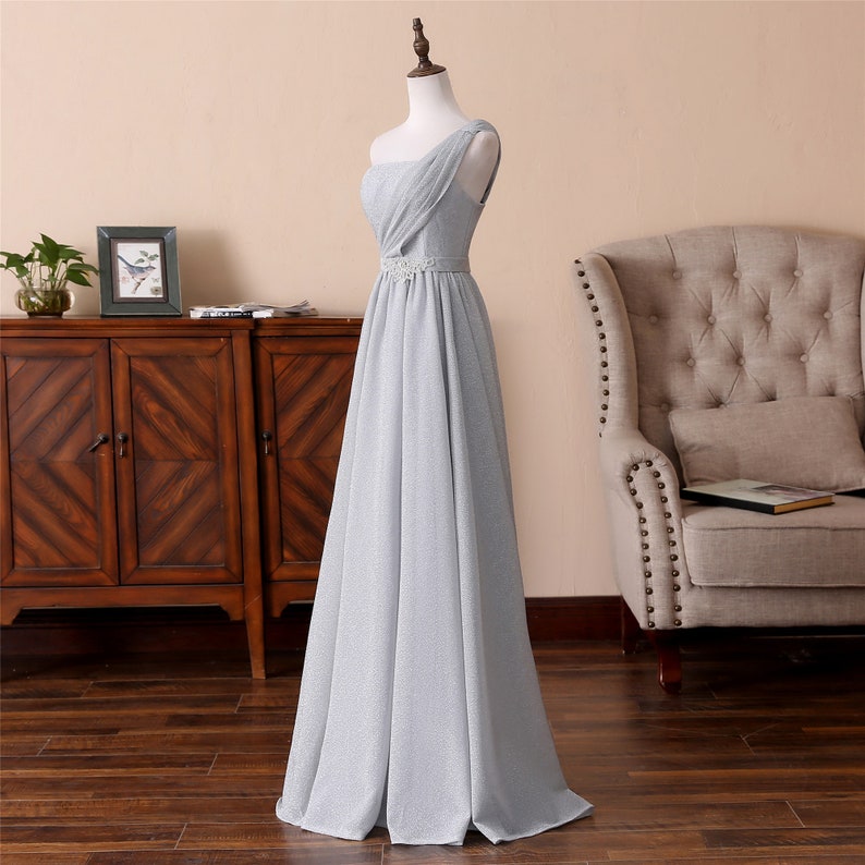 One-shoulder Prom Dress Long Dust Blue Evening Dress Sparkling Yarn Bridal Dress Low Back Wedding Dress Formal Bridal Dress Party Dress