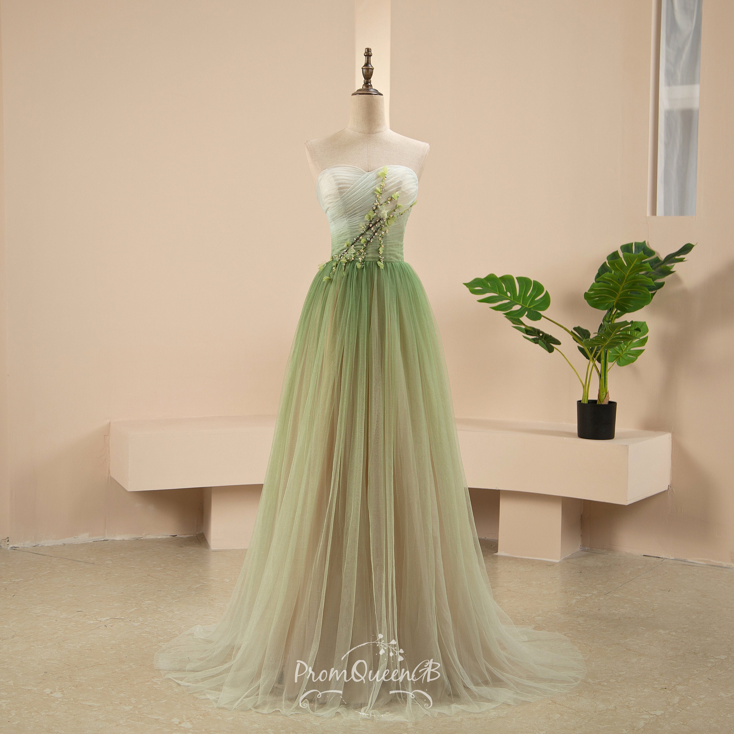 Green Mint Tulle Fairy Prom Ball Gown. Blue Turquoise Floral