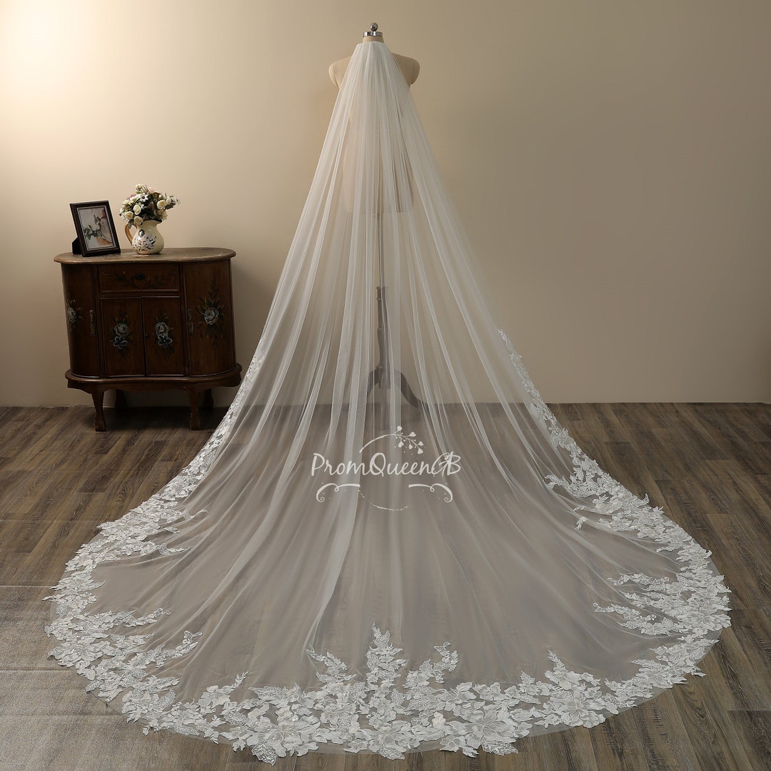 Floral Lace Edge Veil, Lace Applique Veil, Cathedral Veil, Flower Veil