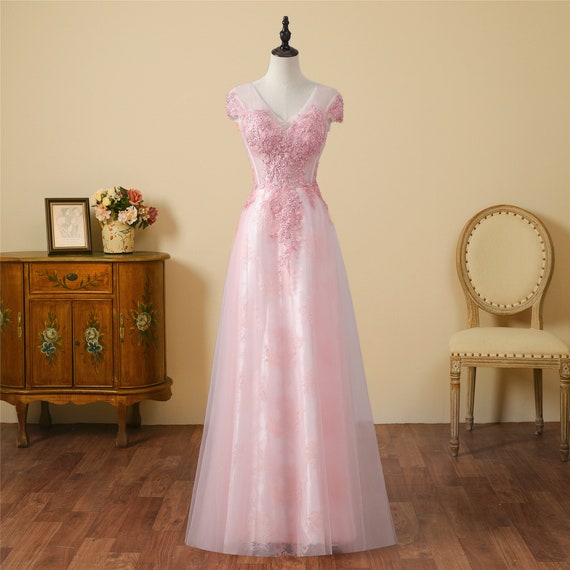 Cap Sleeves Prom Dress V-neck Floor Length Wedding Dress Pink 