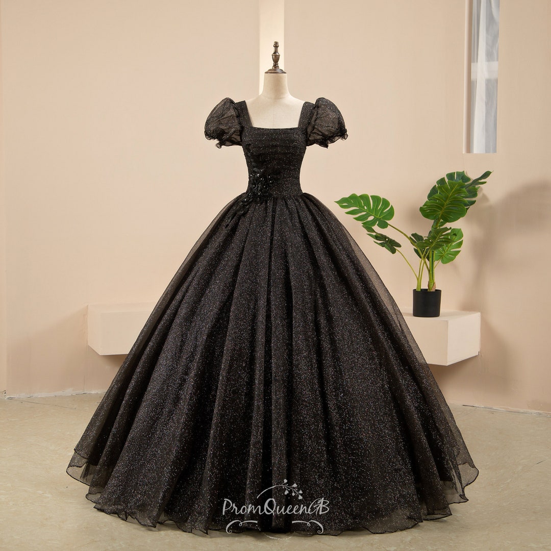 Sparkly Prom Ball Gown, Black Quinceañera Gown, Puffy Short Sleeve Graduation Gown, Lace 3D