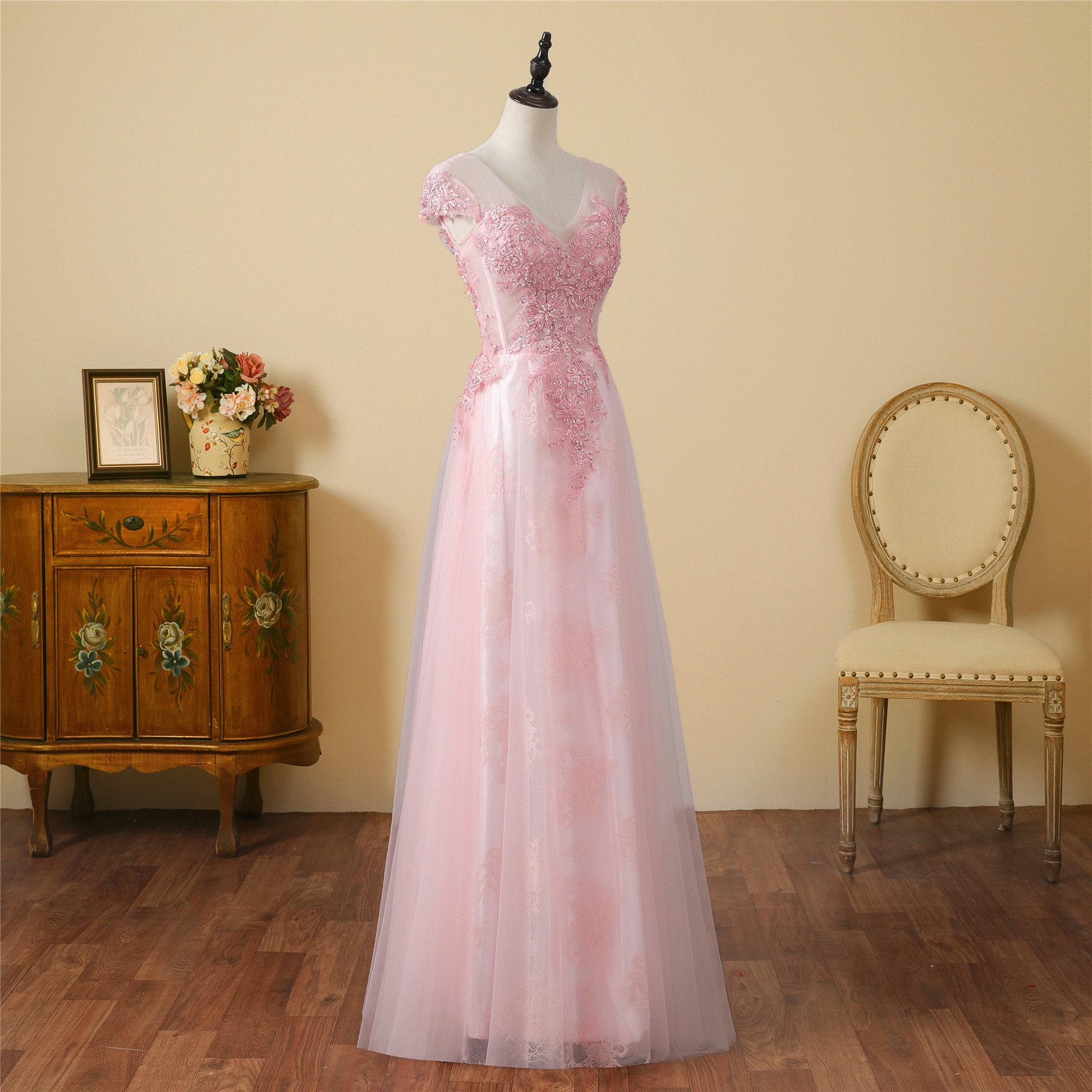 Cap Sleeves Prom Dress V-neck Floor Length Wedding Dress Pink - Etsy UK