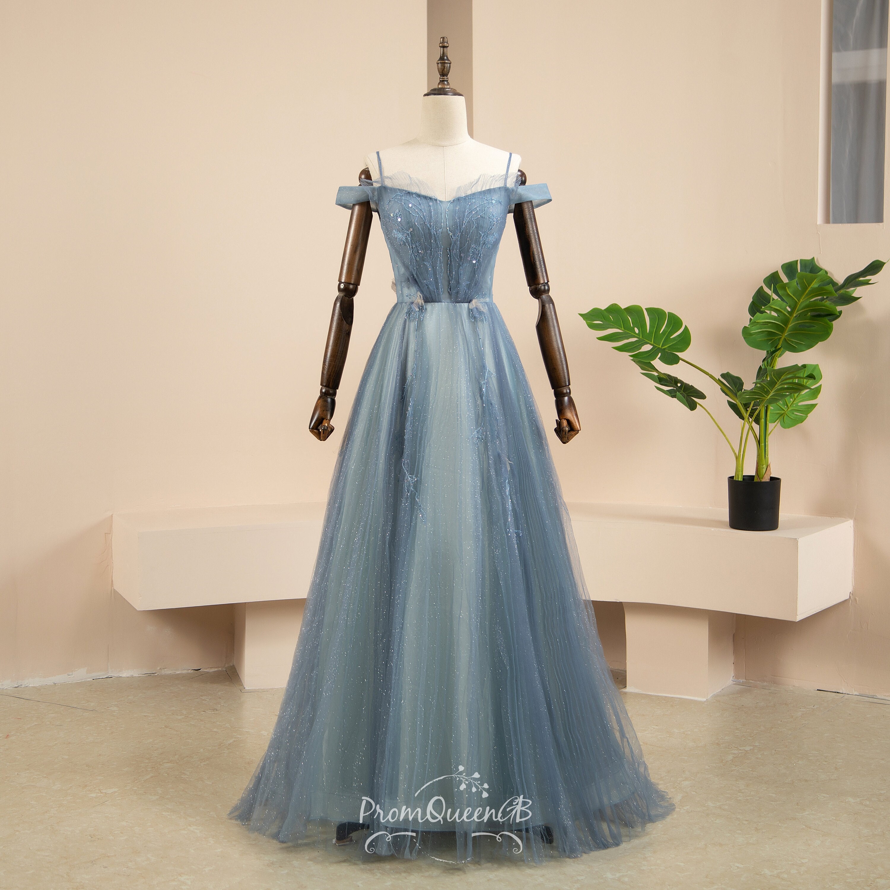 Blue V Neck Tulle Beads Long Prom Dress Evening Dress -  Canada